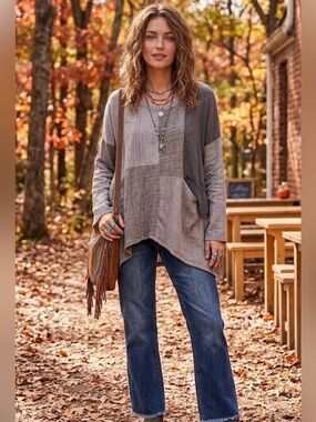 Focus Comfort Line Gray Gauze Asymmetrical Pocket Relaxed Tunic Top Artsy Boho M